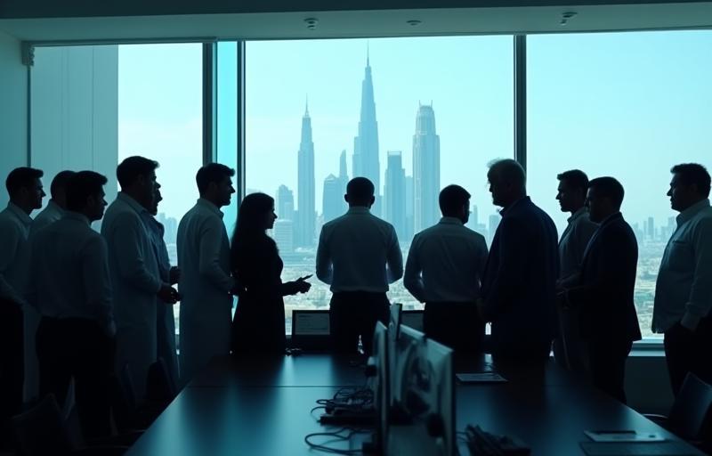 Diverse team collaborating in a modern office with a view of Dubai.