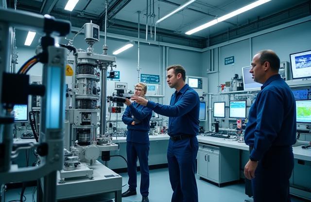Technicians working collaboratively with advanced weather equipment in a state-of-the-art laboratory setting.